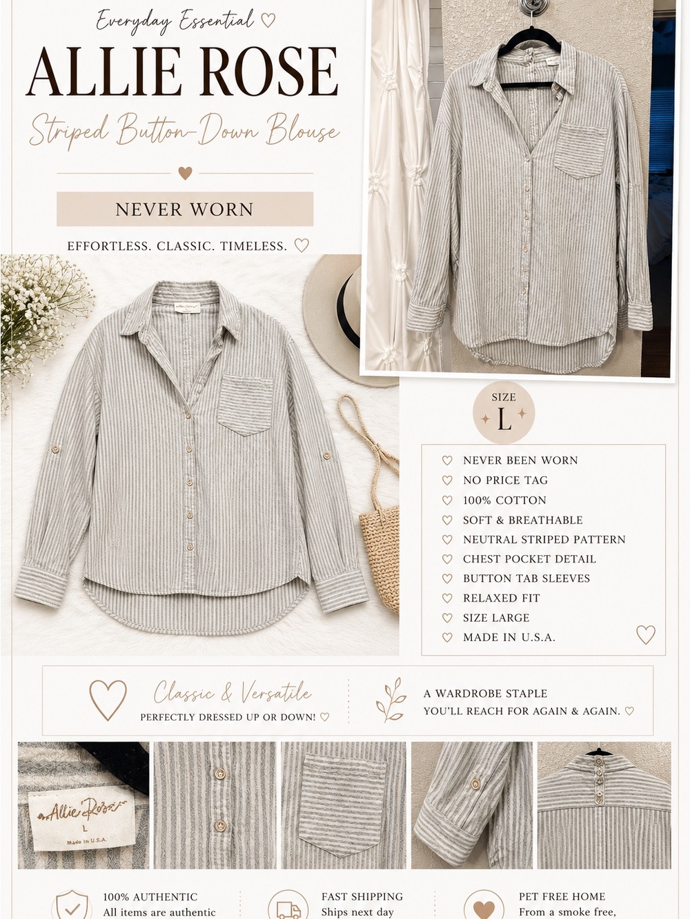 Allie Rose Striped Button-Down Blouse — Neutral Gray Stripe